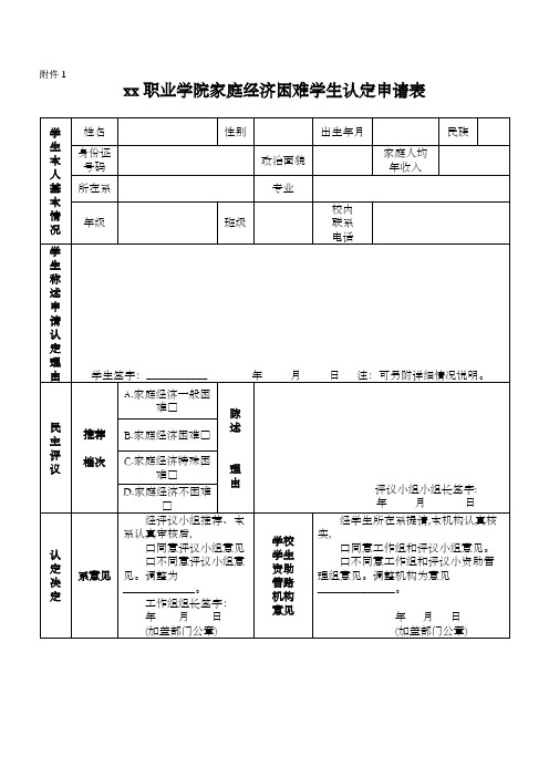xx职业学院家庭经济困难学生认定申请表