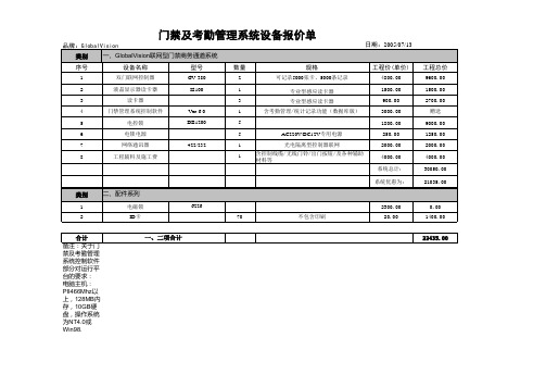 GlobalVision门禁及考勤管理系统设备报价单