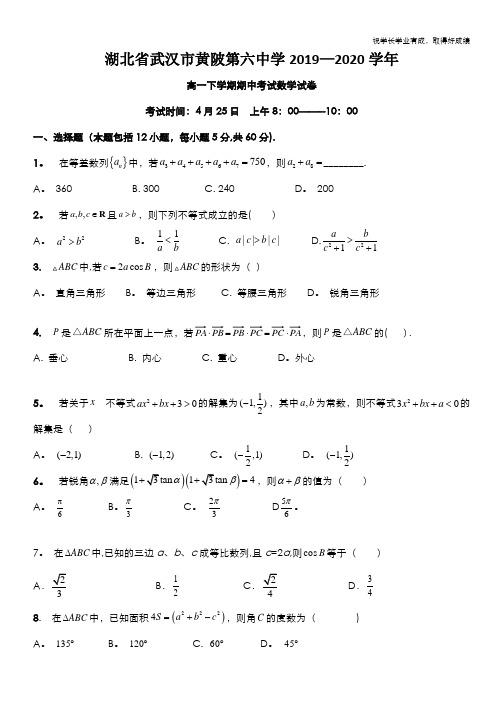 湖北省武汉市黄陂第六中学2019-2020学年高一下学期期中考试数学试卷 Word版含答案