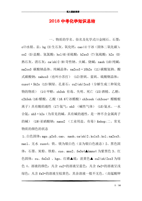 2018中考化学知识总结