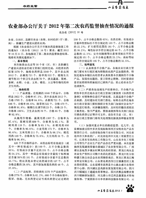 农业部办公厅关于2012年第二次农药监督抽查情况的通报农办农[2012]91号