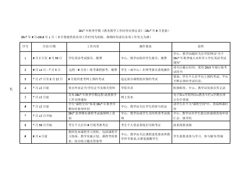 2017年秋季学期《教务教学工作时间安排总表》(2017年9月