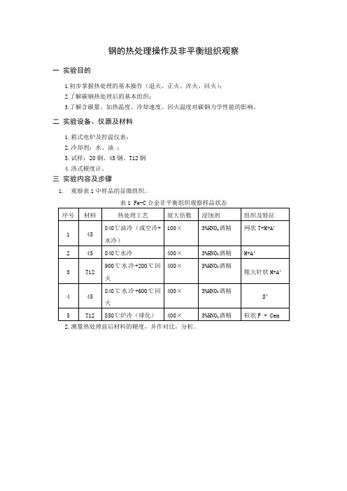钢的热处理操作及非平衡组织观察实验报告