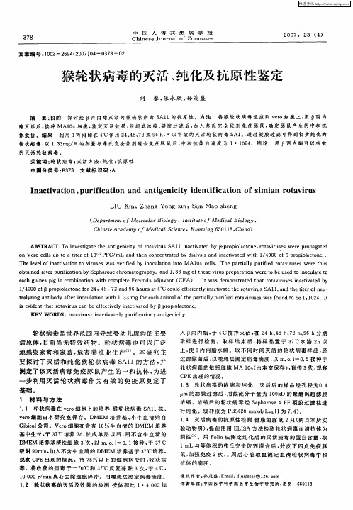 猴轮状病毒的灭活、纯化及抗原性鉴定