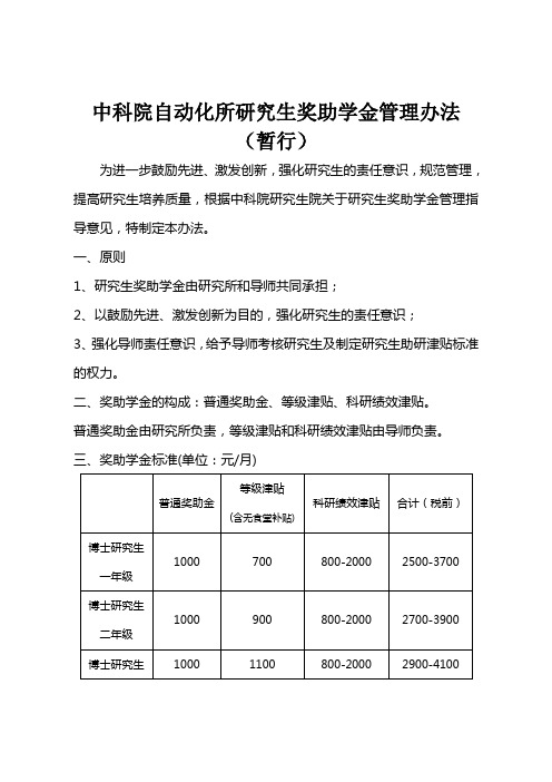 中科院自动化所研究生奖助学金管理办法(暂行)