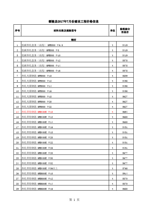 额敏县2017年7月份建设工程价格信息
