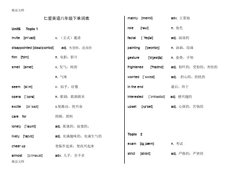 最新新版仁爱版八年级下英语单词背诵默写打印表(带音标)