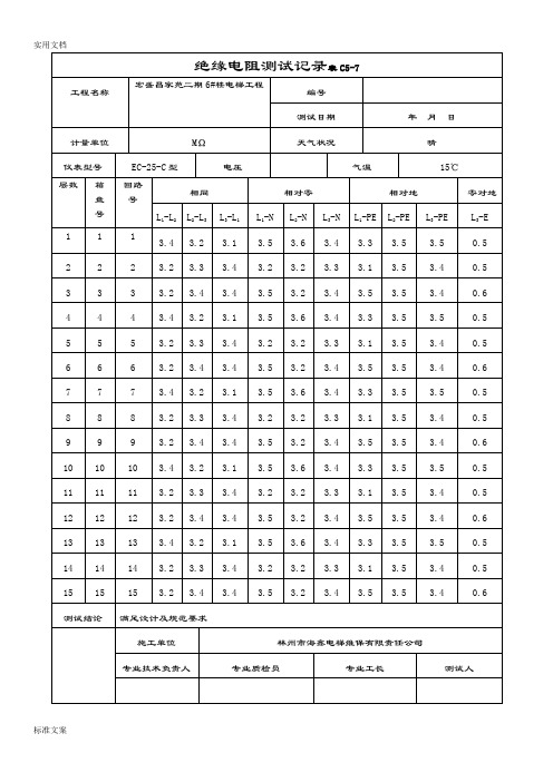 电梯绝缘电阻测试记录簿表