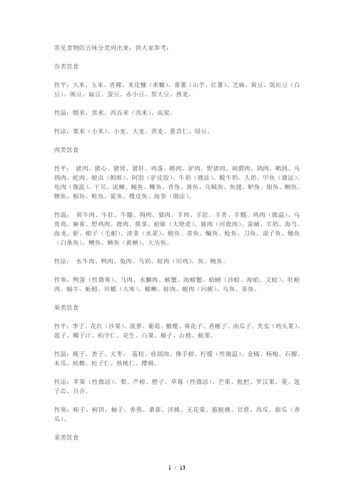 常见食物的五味分类列出来