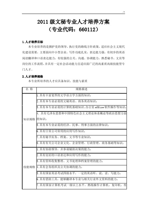 2011文秘人才培养方案计划