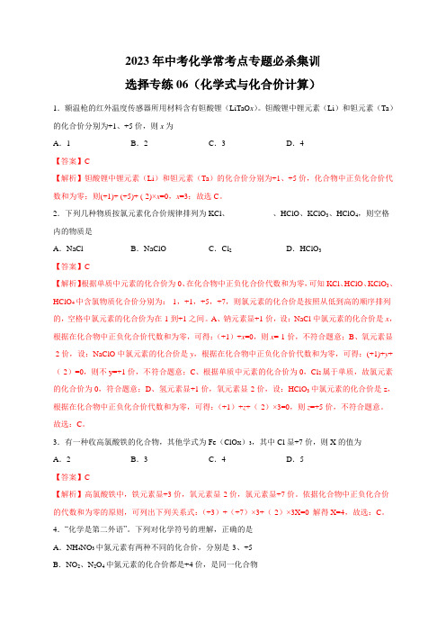 选择专练06(化学式与化合价计算30题)-2023年中考化学常考点专题必杀集训(人教版)(解析版)