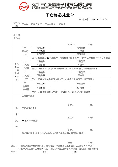 不合格品处理单