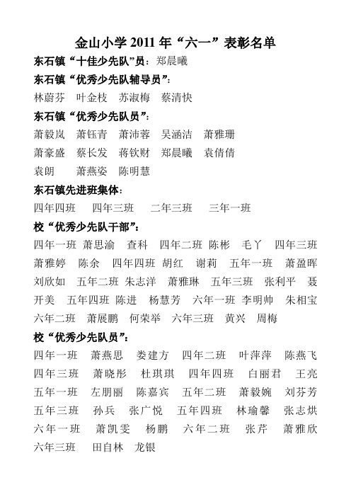 金山小学六一表彰名单