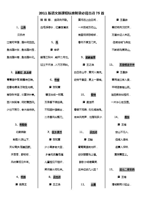 2011版语文新课程标准附录必背古诗75首