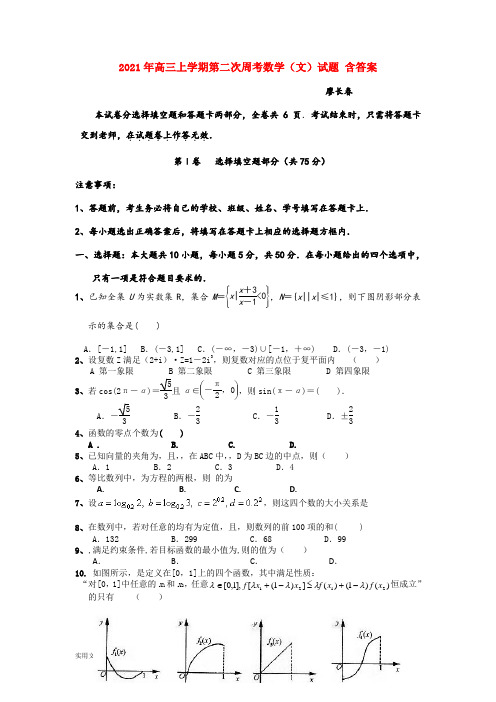 2021-2022年高三上学期第二次周考数学(文)试题 含答案