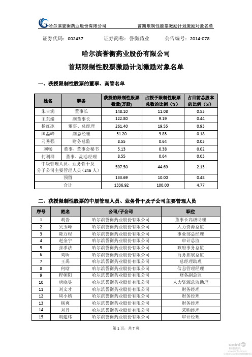 2014-07-09-誉衡药业：首期限制性股票激励计划激励对象名单