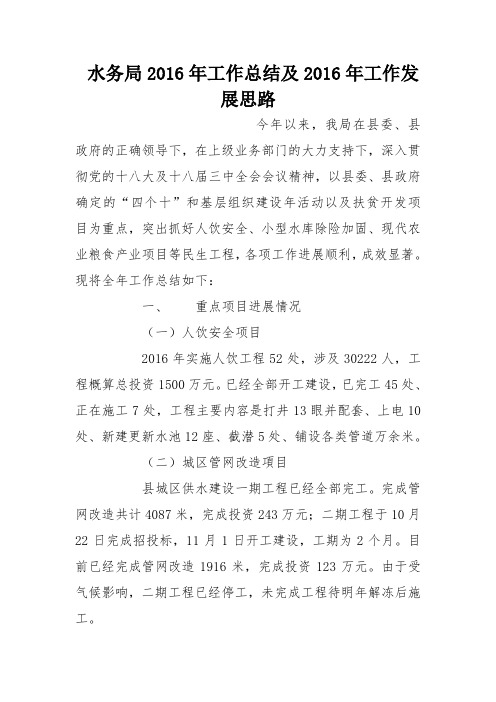 水务局2016年工作总结及2016年工作发展思路
