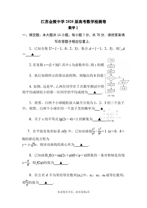 江苏金陵中学2020届高考数学检测卷及答案及评分标准