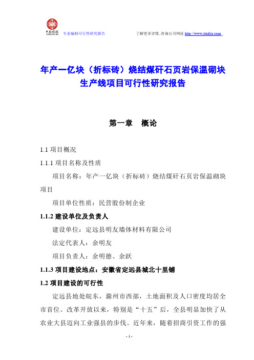 年产一亿块(折标砖)烧结煤矸石页岩保温砌块生产线项目可行性研究报告
