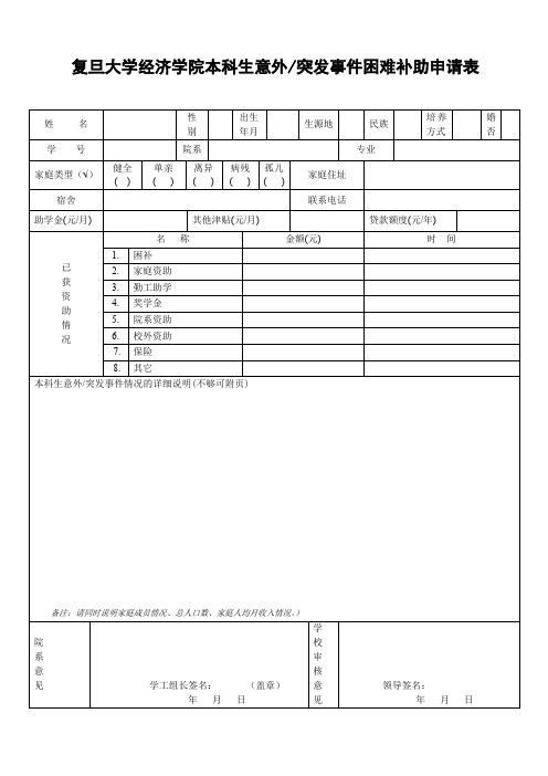复旦大学经济学院本科生意外突发事件困难补助申请表