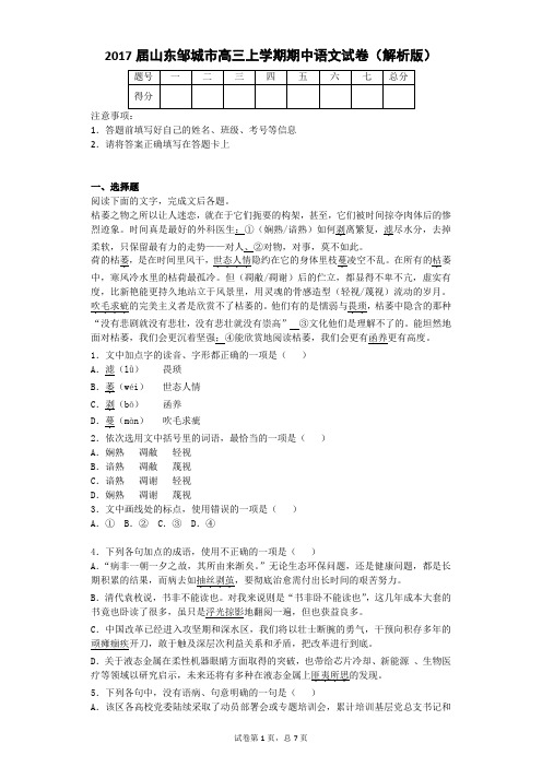 2017届山东邹城市高三上学期期中语文试卷(解析版)