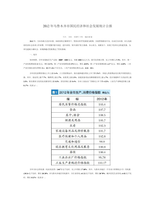 2012年乌鲁木齐市国民经济和社会发展统计公报