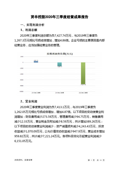 贤丰控股2020年三季度经营成果报告