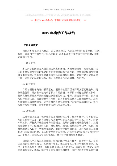 【优质】2019年出纳工作总结word版本 (2页)