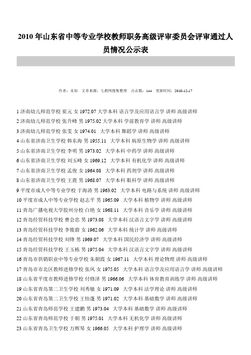2010年山东省中等专业学校教师职务高级评审委员会评审通过人员情况公示表.doc