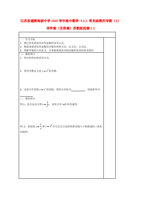 江苏省建陵高级中学2020学年高中数学 3.2.1 常见函数的导数(2)导学案(无答案)苏教版选修1-1