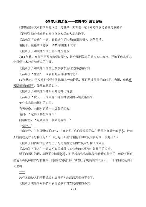 语文版语文八年级上册第11课《杂交水稻之父——袁隆平》课文详解