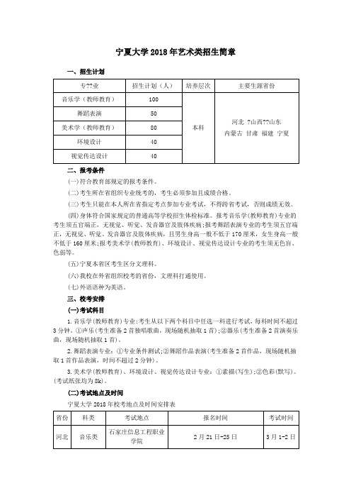 宁夏大学2018年艺术类招生简章