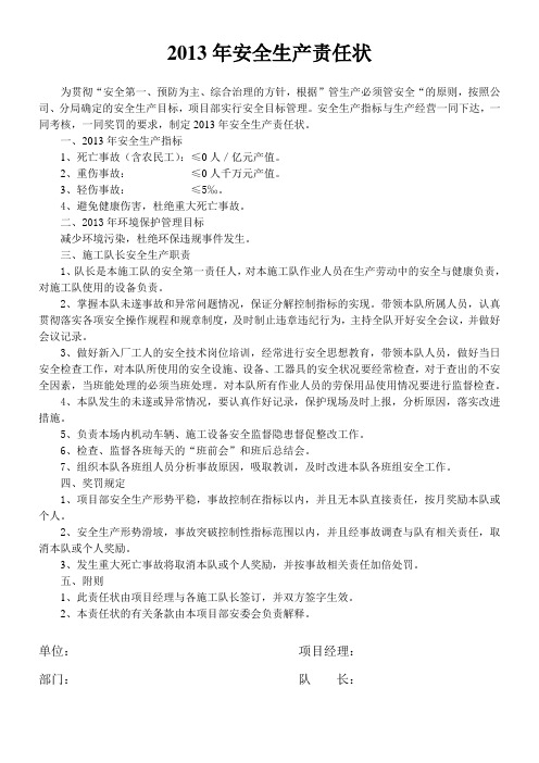 2013年安全生产责任状