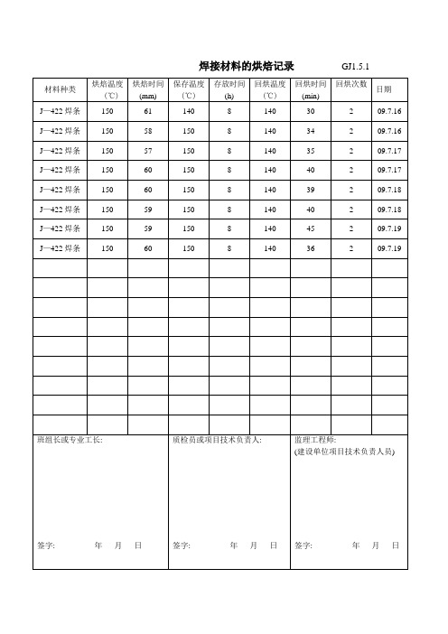 焊接材料的烘焙记录GJ1.5.1