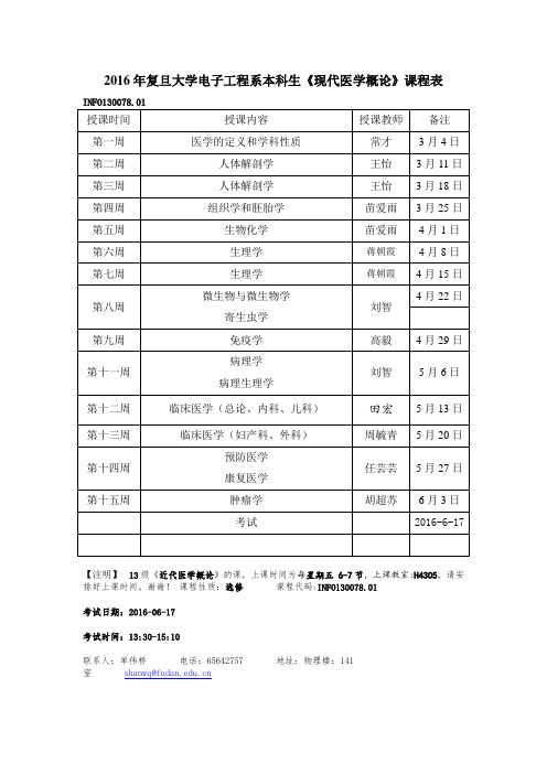 2016年复旦大学电子工程系本科生课程表