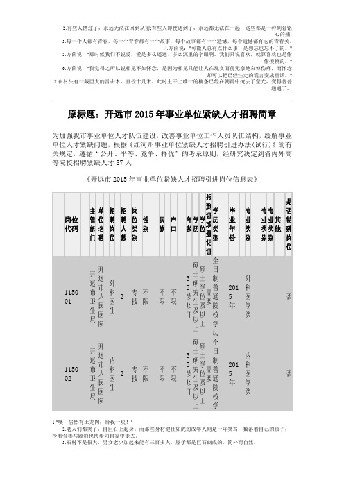 2015年云南开远市事业单位紧缺人才招聘引进岗位信息表