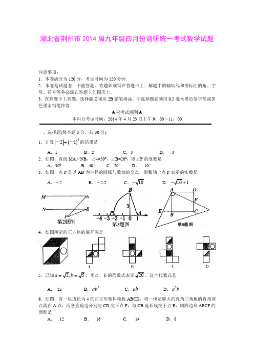 湖北省荆州市2014届九年级四月份调研统一考试数学试题