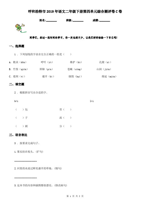 呼和浩特市2019年语文二年级下册第四单元综合测评卷C卷
