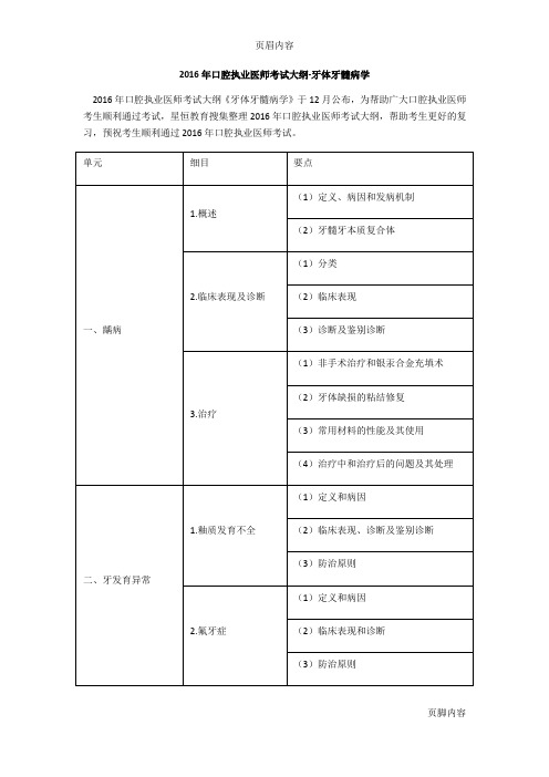 2016年口腔执业医师考试大纲-牙体牙髓病学