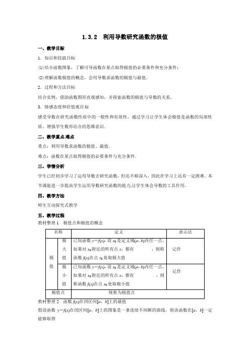 人教B版高中数学选修2-2 1.3.2 利用导数研究函数的极值 教案 