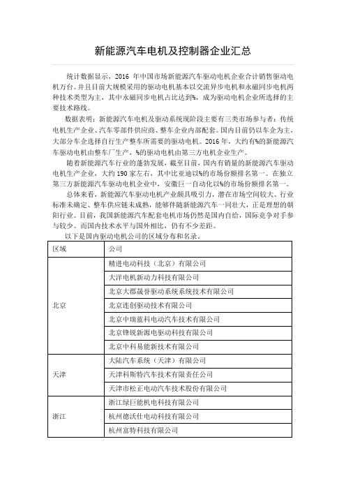 新能源汽车电机及控制器企业汇总