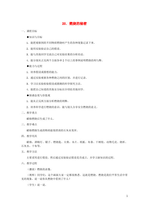 四年级科学下册第五单元有趣的变化20燃烧的秘密教案冀教版