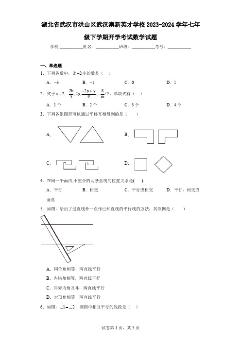 湖北省武汉市洪山区武汉澳新英才学校2023-2024学年七年级下学期开学考试数学试题