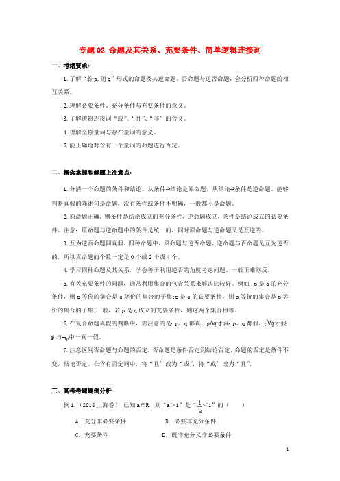 2019年高考数学考点分析与突破性讲练专题02命题及其关系、充要条件、简单逻辑连接词理