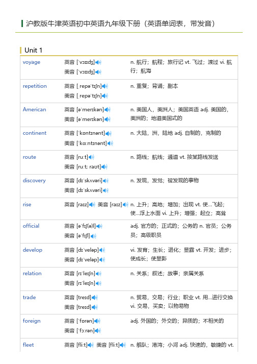 沪教版牛津英语初中英语九年级下册(英语单词表)