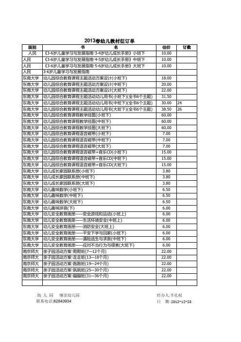 塘洼幼儿2013春幼儿教材征订单