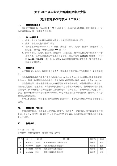 关于2007届毕业论文答辩的要求及安排(电子信息科学与技术(二本))