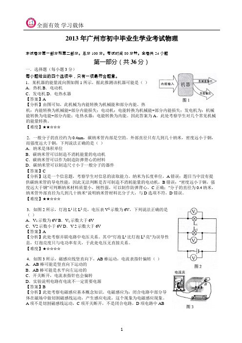 2013 年广州市初中毕业生学业考试物理讲解