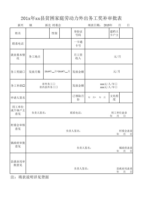 2019年xx县贫困家庭劳动力外出务工奖补审批表(2)