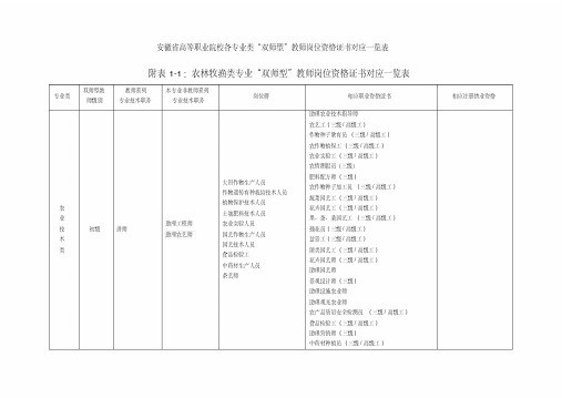 安徽省高等职业院校各专业类“双师型”教师岗位资格证书对应一览表汇编